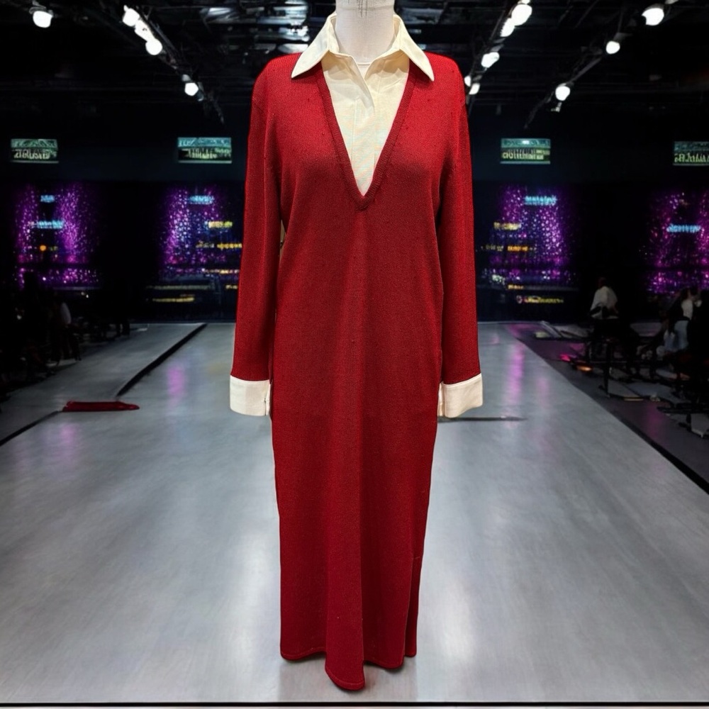 VTG Zang Toi Womens Knit Dress Red w/Sequin Beads Sz L Wool Blend White Inset